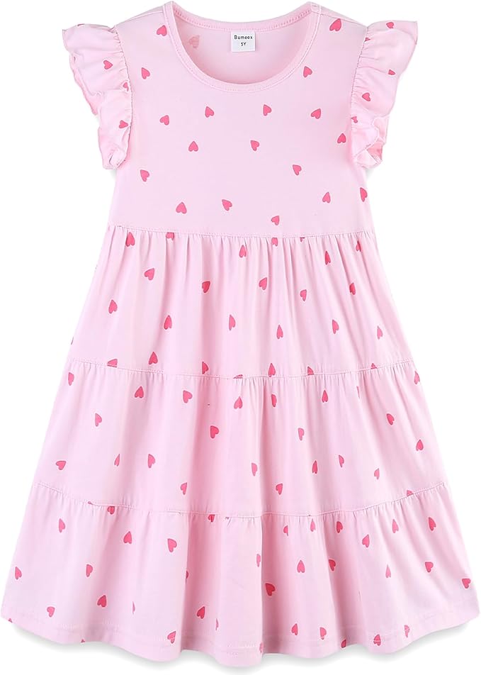 Bumeex Girl's Dresses Cotton Ruffle Sleeve Tiered Swing A-Line Cute Midi Casual Sundress