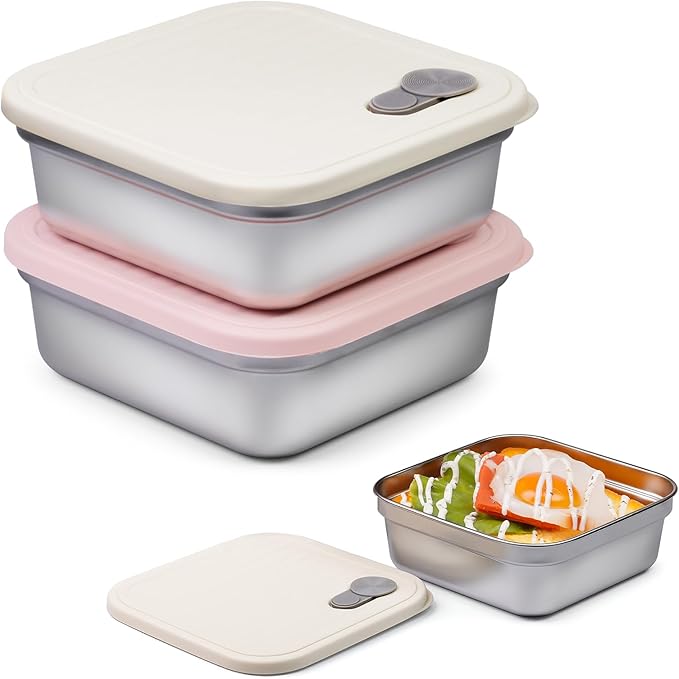 2 Pack Sandwich Containers, 20oz Stainless Steel Sandwich Box with Lids, Reusable Metal Meal Prep Lunch Boxes, BPA-Free, Dishwasher Safe, Food Storage Containers for Snacks & Fruits (White, Pink)