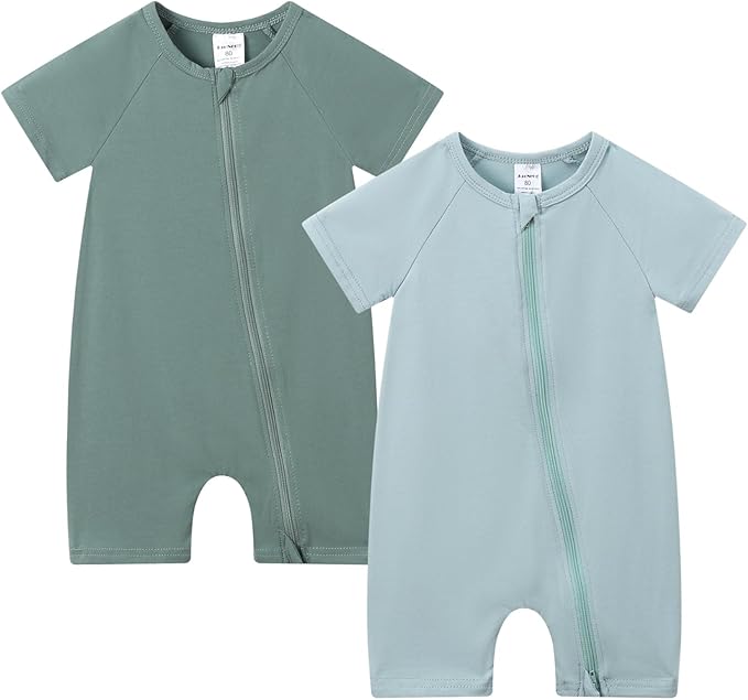 JunNeng 2 Pack Footless Long/Short Sleeve Baby Romper with Zipper Cotton Infant Sleepwear