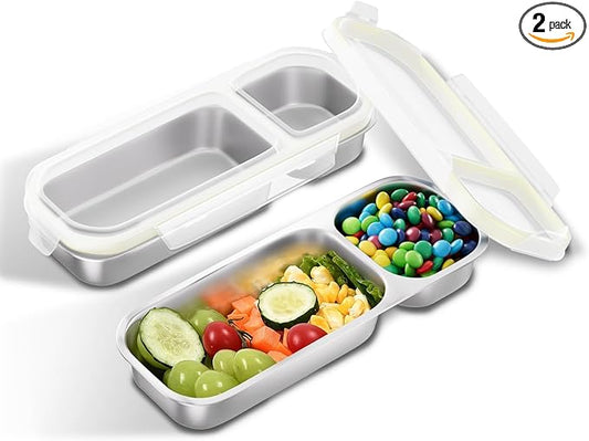 Stainless Steel Snack Containers for Kids Adults, 2 Pack 2 Compartment Metal Snack Containers Box with Lid, Reusable Food Storage Container, Leak Proof, Grab and Go