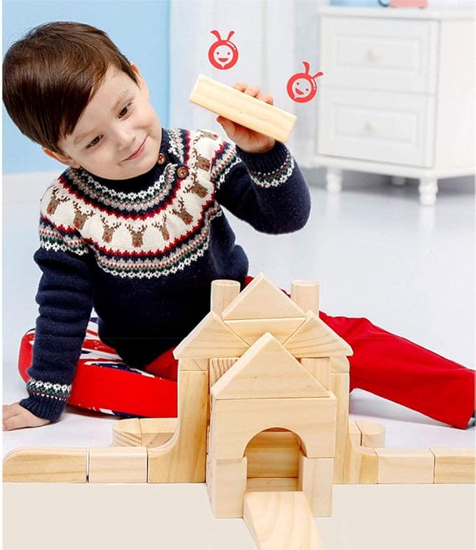 Onshine Large Wooden Blocks for Toddlers 1-3, 64 Pieces Big Wood Building Blocks Set with Wooden Storage Box, Large Toddler Blocks Building and Stacking Toys Construction Set