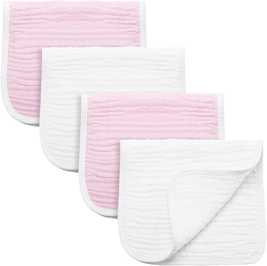 Synrroe Burp Cloths Large, Muslin Burp Cloths for Baby Girls and Boys, Pack of 4 Extra Absorbent and Soft Muslin, 6 Layers 20 by 10 Inches 100% Cotton (Pink-White 4 Pack)