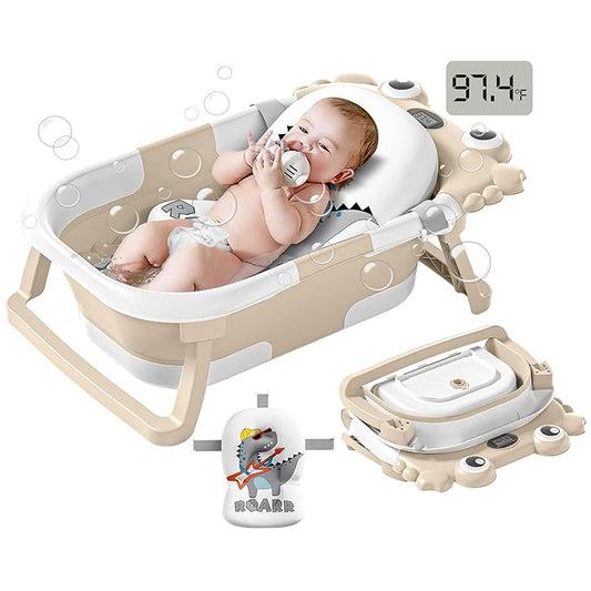 Collapsible Baby Bathtub for Infants to Toddler with Real-time Temp Monitor+Floating Cushion,Foldable Baby Bath Tub Set Applicable 0-36 Month,Portable Travel Baby Tub for Newborns Boy (Beige)