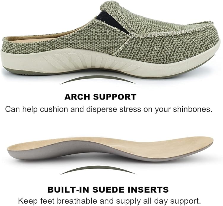 Mens Slippers with Arch Support, Canvas House Slipper for Men with Velvet Lining, Slip On Clog, Indoor Outdoor House Shoes with Anti-Skid Rubber Sole