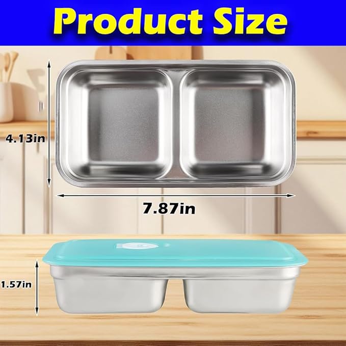 Antenat Reusable Stainless Steel Snack Containers with Lids (2PCS) –Double Compartment, Leak-Proof Food Containers with 1 Forks, Portable for Travel, Camping, Office Lunch, Takeout, Picnic & Dessert