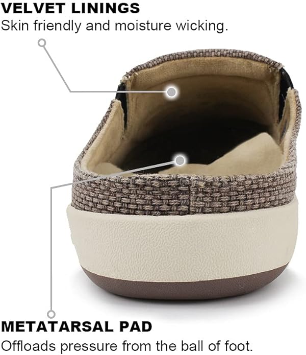 Mens Slippers with Arch Support, Canvas House Slipper for Men with Velvet Lining, Slip On Clog, Indoor Outdoor House Shoes with Anti-Skid Rubber Sole