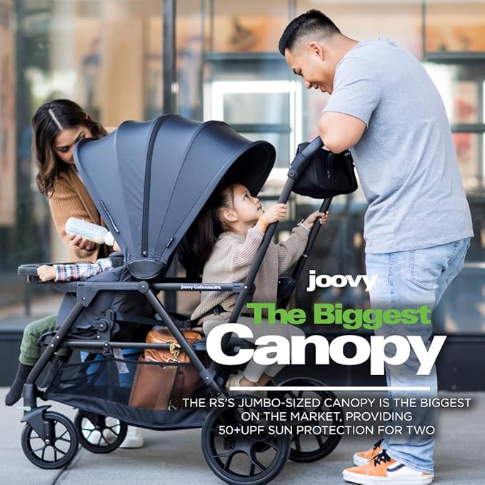Joovy Caboose RS Sit & Stand Double Stroller for Children Up to 55 lb. with All-Terrain Wheels, UPF50+ Sun Canopy & Magnetic 5-Point Safety Harnesses, Jet