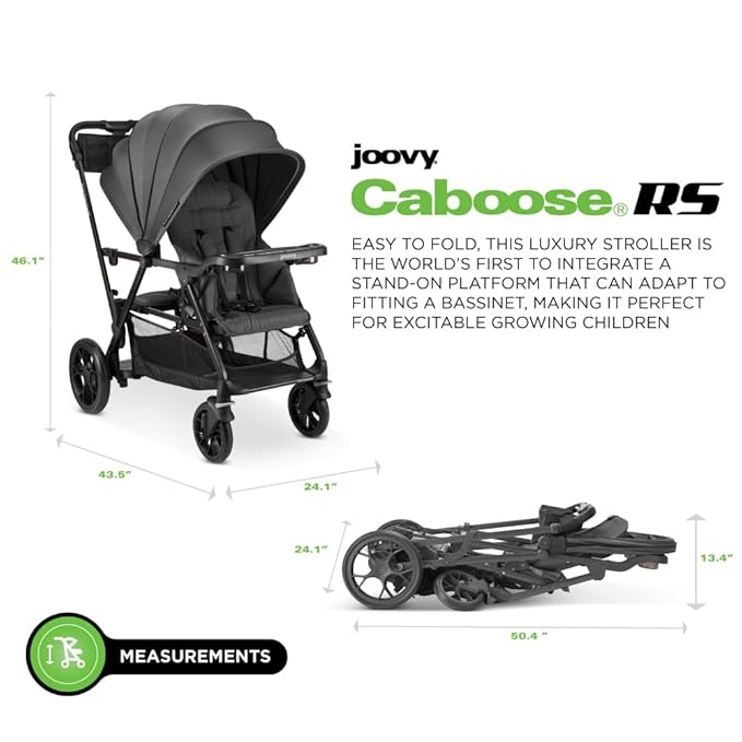 Joovy Caboose RS Sit & Stand Double Stroller for Children Up to 55 lb. with All-Terrain Wheels, UPF50+ Sun Canopy & Magnetic 5-Point Safety Harnesses, Jet