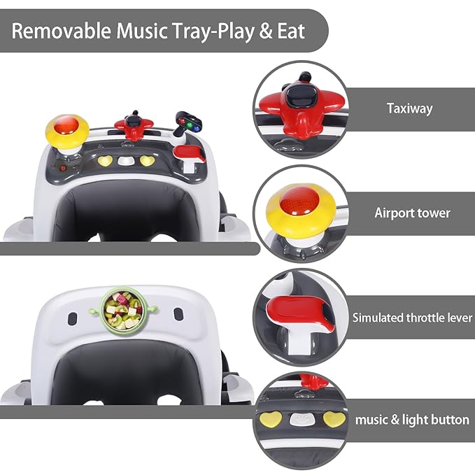 Kinder King Baby Walker with Music & Lights, 5 in 1 Baby Bouncer Activity Walker, Adjustable Height & Seat, Learning-Seated & Toddler Walk-Behind, Safety Bumper, Infant Walker Anti-Rollover, Grey