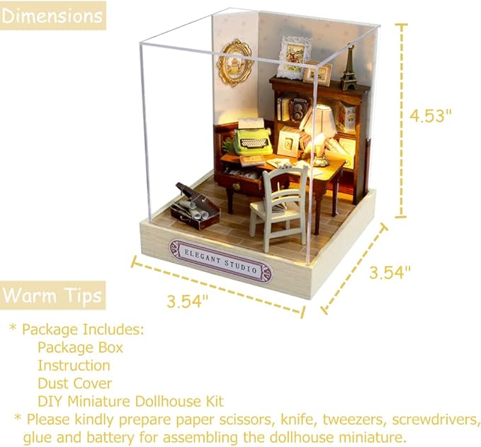 TuKIIE DIY Miniature Dollhouse Kit with Furniture, 1:24 Scale Creative Room Mini Wooden Doll House Plus Dust Proof for Kids Teens Adults(Elegant Studio)