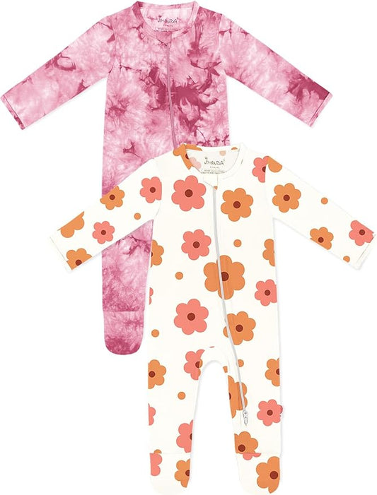 Jimonda Baby Girls Boys Footed Pajamas,Rayon From Bamboo,2 Way Zipper Long Sleeve Soft Sleeper Pjs,Infant Tie-dye Romper