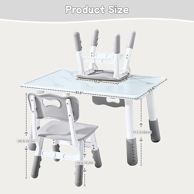Toddler Table and Chair Set for Ages 3-8, Adjustable Kids Table and Chairs for Reading,Drawing, Eating, Children Activity Table with Graffiti Tabletop for Daycare/Classroom/Home/Preschool