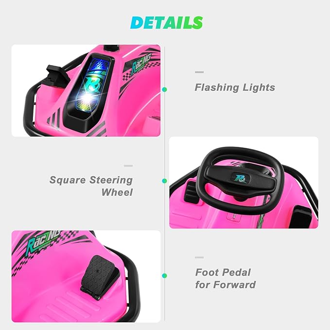 360 Degrees Rotating Ride On Drift Car and 2 Replacement Universal Wheels, 24V Electric Drifting Go Kart for Kids W/Brushless Motor, High/Low Speed, Flashing Lights, Flag, Music, Bluetooth, Pink