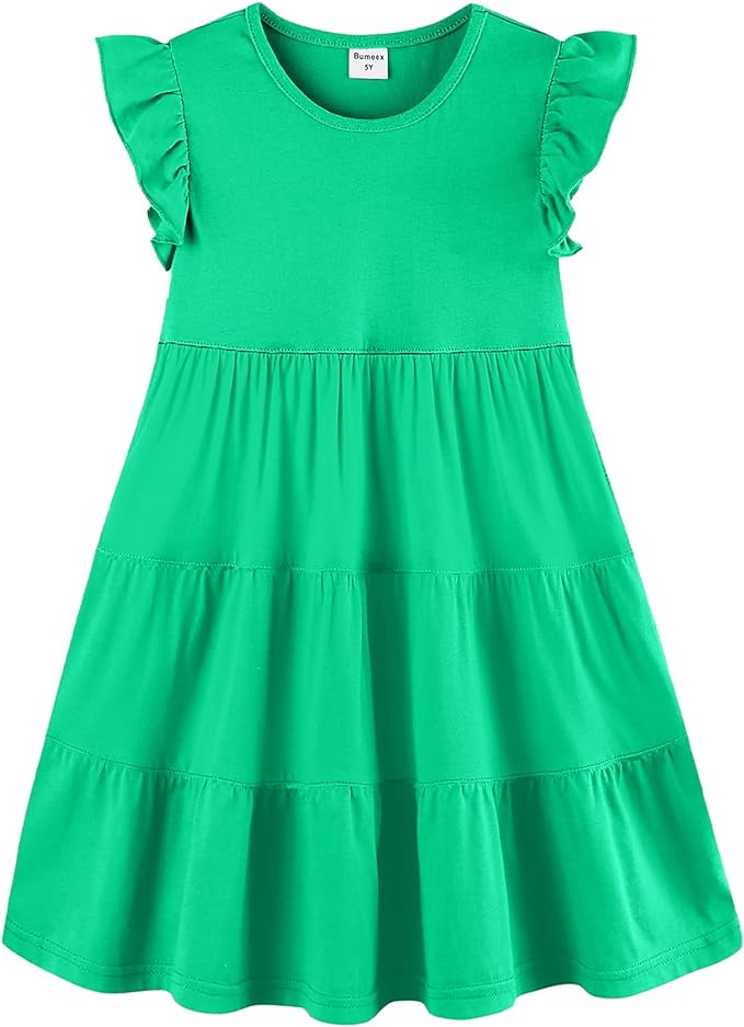 Bumeex Girl's Dresses Cotton Ruffle Sleeve Tiered Swing A-Line Cute Midi Casual Sundress