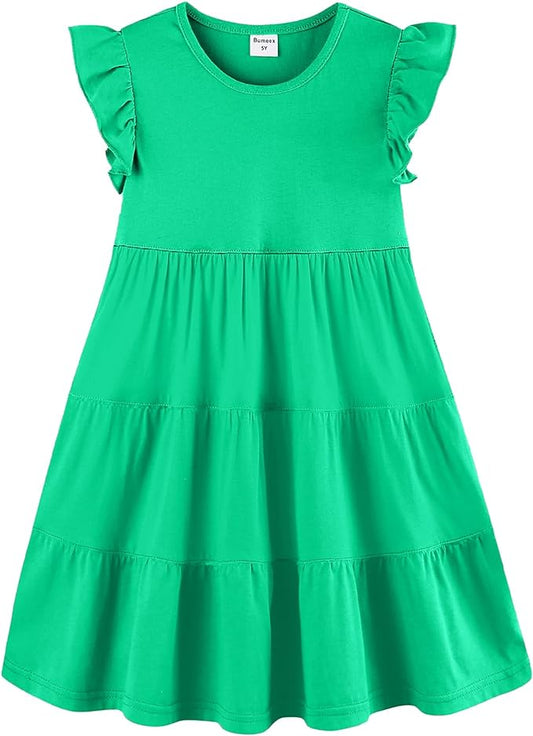 Bumeex Girl's Dresses Cotton Ruffle Sleeve Tiered Swing A-Line Cute Midi Casual Sundress