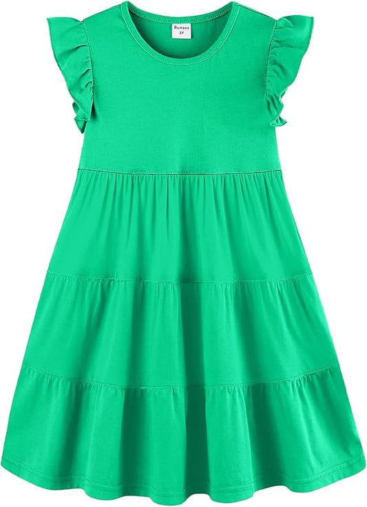 Bumeex Girl's Dresses Cotton Ruffle Sleeve Tiered Swing A-Line Cute Midi Casual Sundress