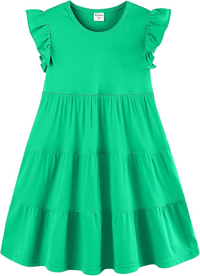 Bumeex Girl's Dresses Cotton Ruffle Sleeve Tiered Swing A-Line Cute Midi Casual Sundress