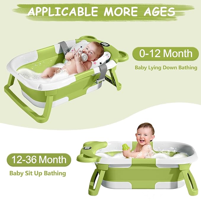 TPN Collapsible Baby Bathtub, Baby Bath Tub with Soft Cushion & Real-Time Thermometer, Baby Bathtub Infant to Toddler Tub (0-36 Months), Portable Travel Baby Tubs for Newborns (Green)