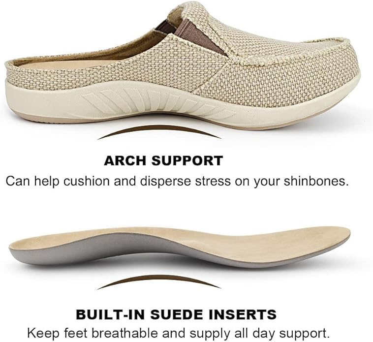 Mens Slippers with Arch Support, Canvas House Slipper for Men with Velvet Lining, Slip On Clog, Indoor Outdoor House Shoes with Anti-Skid Rubber Sole