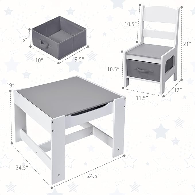 Costzon Kids Table and Chair Set, 3 in 1 Wooden Activity Table with Storage Drawer, Detachable Tabletop for Children Drawing Reading Art Craft, Playroom, Nursery, Toddler Table and Chair Set, Gray