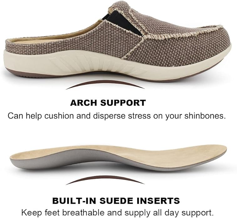 Mens Slippers with Arch Support, Canvas House Slipper for Men with Velvet Lining, Slip On Clog, Indoor Outdoor House Shoes with Anti-Skid Rubber Sole