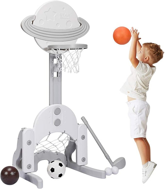 Costzon Kids Basketball Hoop, Toddler Sports Activity Center with 5 Adjustable Height Levels, Basketball Soccer Golf Game Set, Indoor Outdoor Basketball Hoop Set Best Gift for Baby Infant