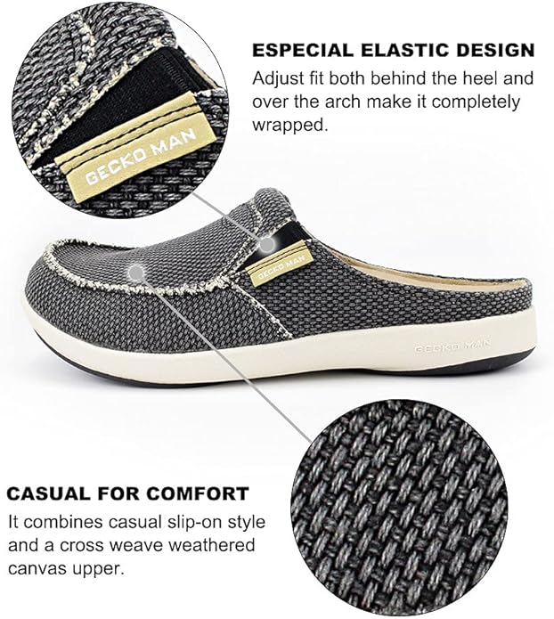 Mens Slippers with Arch Support, Canvas House Slipper for Men with Velvet Lining, Slip On Clog, Indoor Outdoor House Shoes with Anti-Skid Rubber Sole