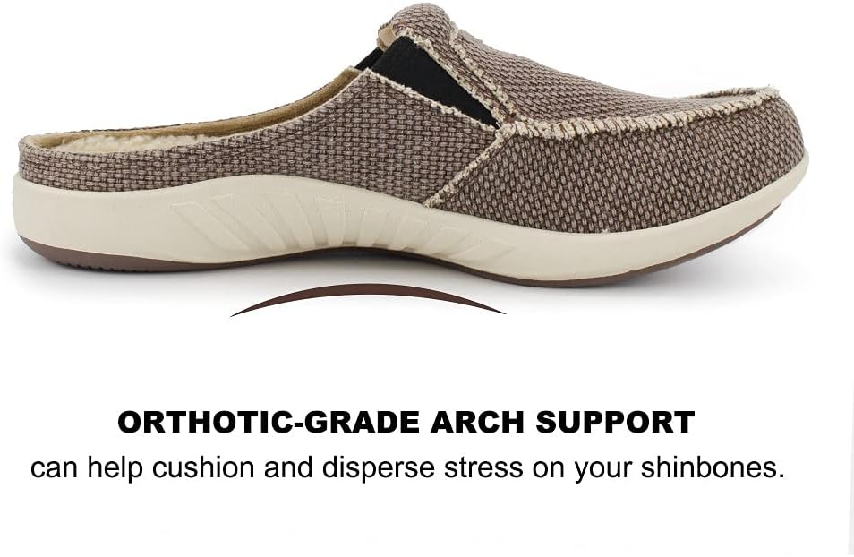 Mens Slippers with Arch Support, Canvas House Slipper for Men with Velvet Lining, Slip On Clog, Indoor Outdoor House Shoes with Anti-Skid Rubber Sole