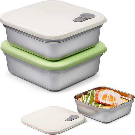 2 Pack Sandwich Containers, 20oz Stainless Steel Sandwich Box with Lids, Reusable Metal Meal Prep Lunch Boxes, BPA-Free, Dishwasher Safe, Food Storage Containers for Snacks & Fruits (White, Green)
