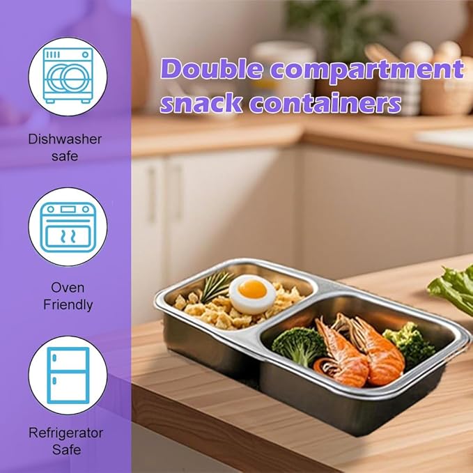 Antenat Reusable Stainless Steel Snack Containers with Lids (4PCS) –Double Compartment, Leak-Proof Food Containers with 2 Forks, Portable for Travel, Camping, Office Lunch, Takeout, Picnic & Dessert