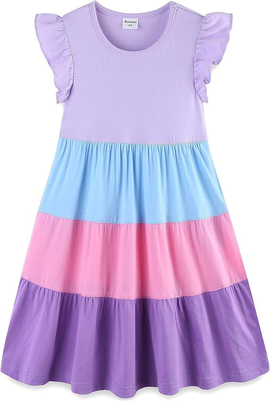 Bumeex Girl's Dresses Cotton Ruffle Sleeve Tiered Swing A-Line Cute Midi Casual Sundress