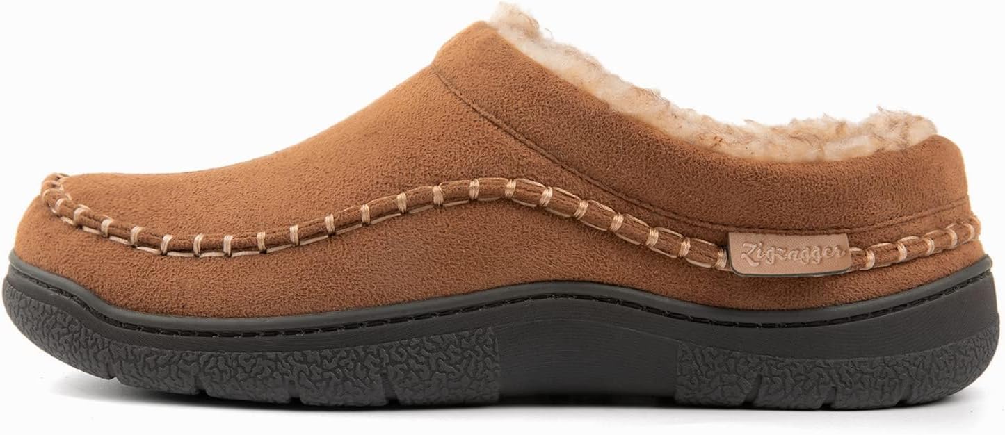 Zigzagger Men's Slip On Moccasin Slippers, Indoor/Outdoor Warm Fuzzy Comfy House Shoes, Fluffy Wide Loafer Slippers