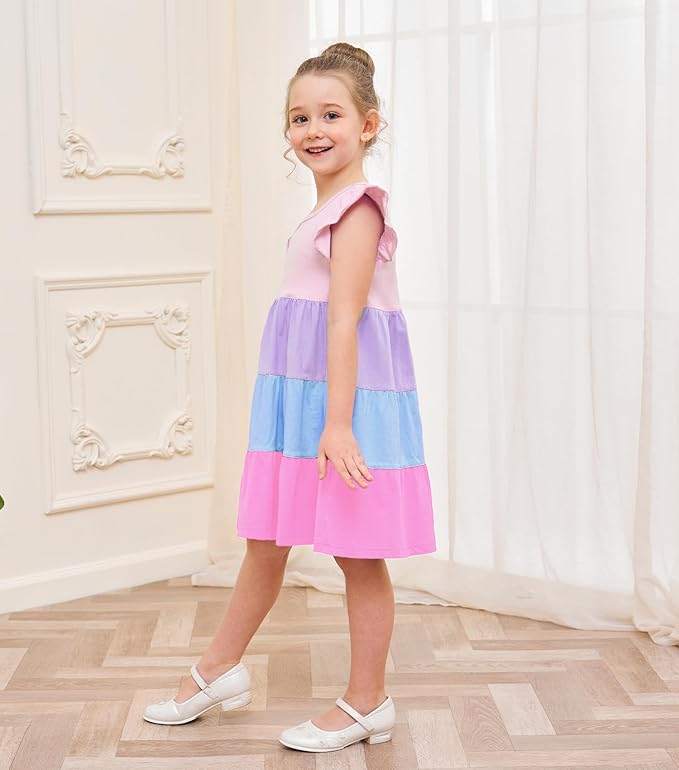Bumeex Girl's Dresses Cotton Ruffle Sleeve Tiered Swing A-Line Cute Midi Casual Sundress