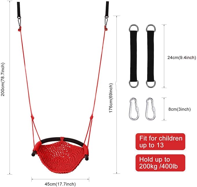 Swing Seat for Kids Heavy Duty Rope Play Secure Children Swing Set,Perfect for Indoor,Outdoor,Playground,Home,Tree,with Snap Hooks and Swing Straps,440 lbs Capacity,Red
