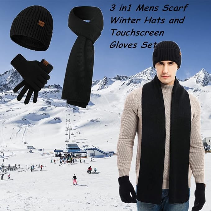 Mens Winter Hat Scarf Glove set for Men 3 Pcs Touchscreen Anti Slip Gloves Knit Stretchy Beanie Hats and long Scarfs Set