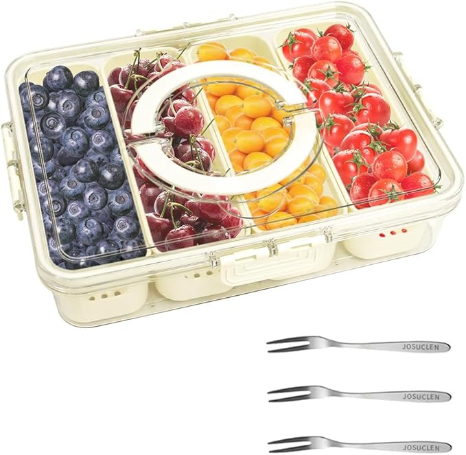 JOSUCLEN Divided Serving Tray with Lid, Portable Snack Platters, Charcuterie Snack Box Container Organizer, Veggie Tray, Travel Charcuterie Board with Lid, Food Storage Lunch Storage Box