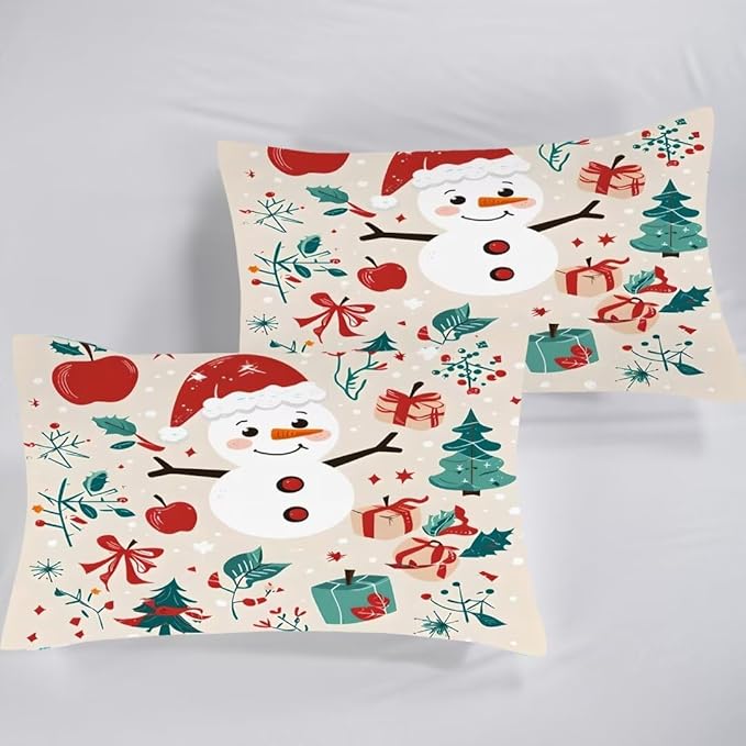 Kids Christmas Sheets Set Queen Cute Snowman Girls Boys Christmas Bedding Set Cartoon Christmas Decoration Soft Christmas Sheet Set with 1 Flat Sheet +1 Fitted Sheet + 2 Pillowcases