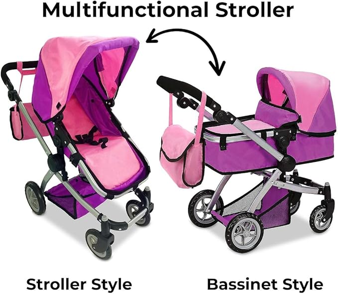 Mommy & Me Foldable Deluxe Toy Baby Doll Stroller with Swiveling Wheels, Adjustable Handle, Convertible Seat, Bassinet, and Diaper Bag