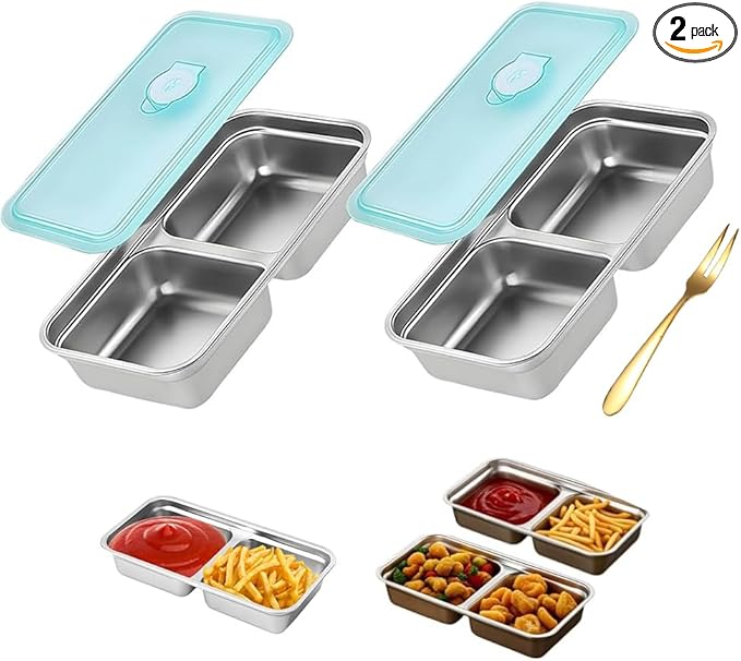 Antenat Reusable Stainless Steel Snack Containers with Lids (2PCS) –Double Compartment, Leak-Proof Food Containers with 1 Forks, Portable for Travel, Camping, Office Lunch, Takeout, Picnic & Dessert