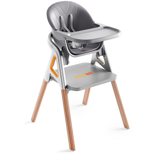 CoziBB Baby High Chair, 6-in-1 Convertible Growing Baby High Chair for Infants and Toddlers with Adjustable Plates and Seats, 5-Point Seat, Grey