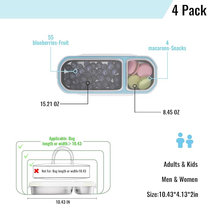 Stainless Steel Snack Containers for Kids Adults, 4 Pack 2 Compartment Metal Snack Containers Box with Lid, Reusable Food Storage Container, Leak Proof, Grab and Go