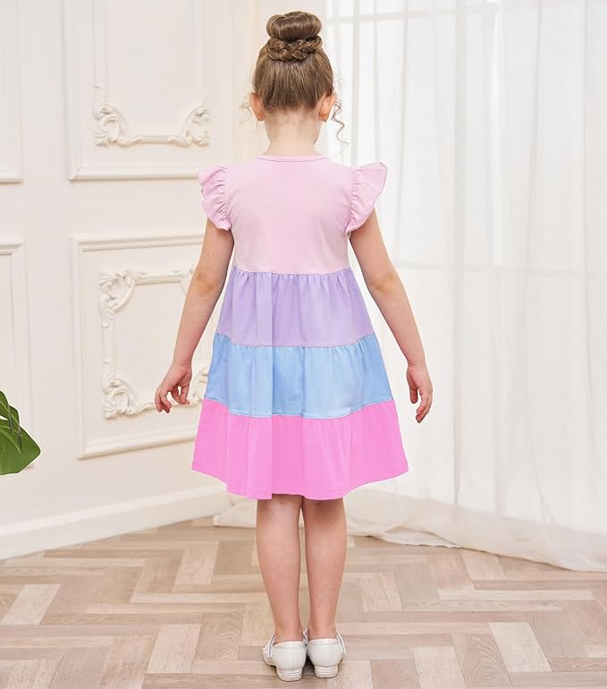 Bumeex Girl's Dresses Cotton Ruffle Sleeve Tiered Swing A-Line Cute Midi Casual Sundress
