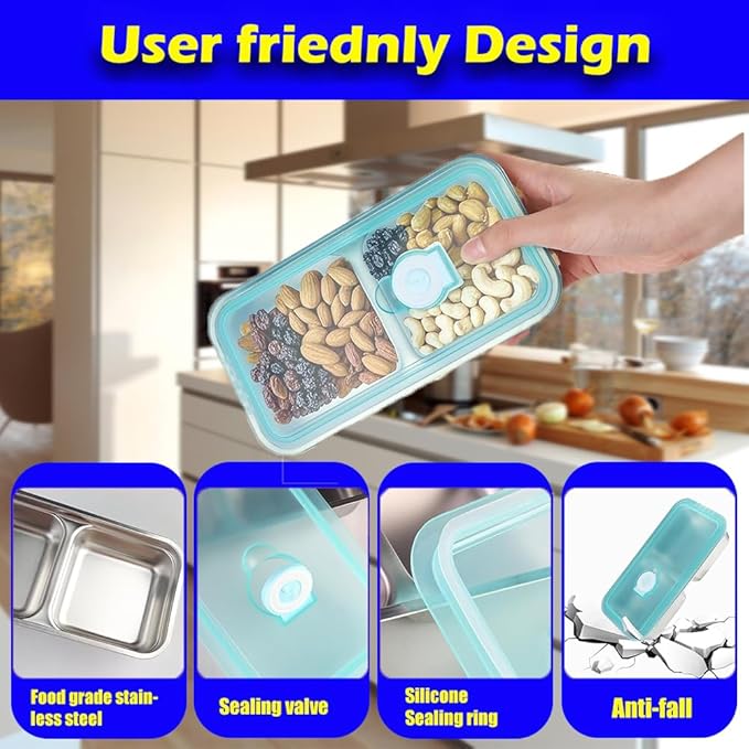 Antenat Reusable Stainless Steel Snack Containers with Lids (4PCS) –Double Compartment, Leak-Proof Food Containers with 2 Forks, Portable for Travel, Camping, Office Lunch, Takeout, Picnic & Dessert