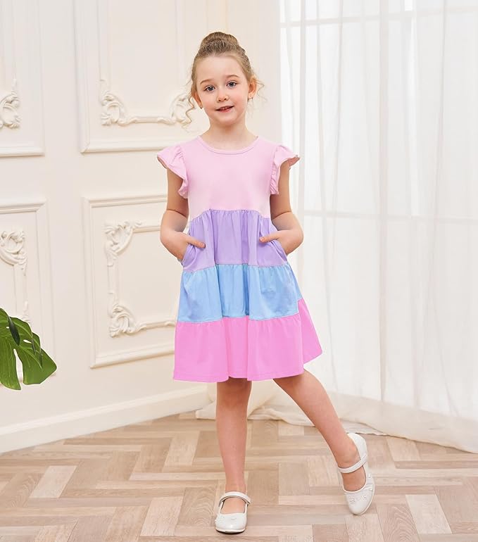 Bumeex Girl's Dresses Cotton Ruffle Sleeve Tiered Swing A-Line Cute Midi Casual Sundress