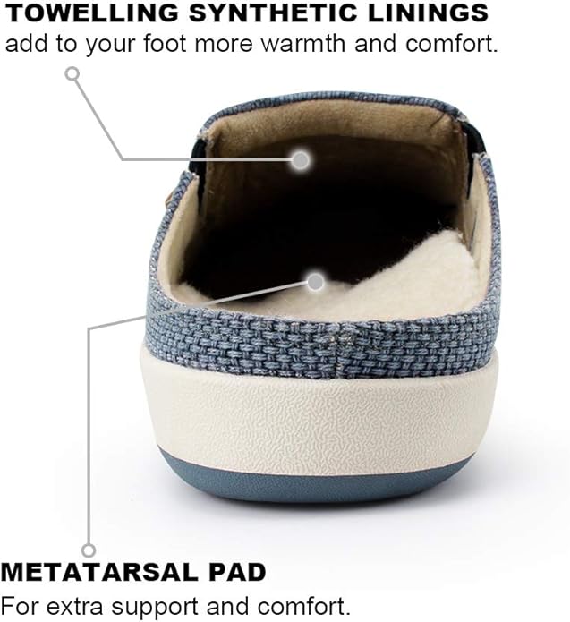 Mens Slippers with Arch Support, Canvas House Slipper for Men with Velvet Lining, Slip On Clog, Indoor Outdoor House Shoes with Anti-Skid Rubber Sole