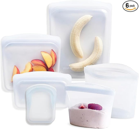Stasher Premium Silicone Reusable Food Storage Bags, 6-Pack, Clear, Multi-Use Food Storage Bags, Lunch Bag, Travel Containers, BPA Free, Leak-free, Dishwasher-Safe, Eco-friendly