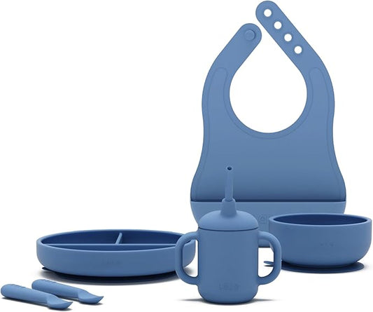 Lalo First Bites Silicone Baby Feeding Set - Baby Led Weaning Supplies - Non-Toxic Silicone - Includes 1 Bib, 2 Spoons, Training Cup, Suction Plate and Bowl - 6 Pieces - Blueberry