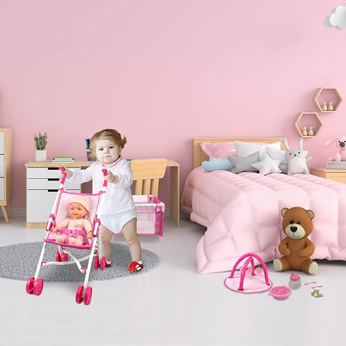 ANIVIA Baby Doll Stroller Set - Includes Stroller, Crib, Play Mat, Feeding Toy, Diaper Bag - Nursery Role Play Set (11" Doll Included)