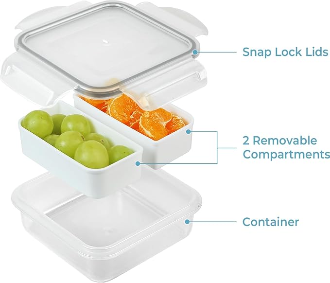 carrotez 2 Compartment Snack Containers, Mini Snack Containers for Mini Fridge, Small Food Storage Containers, Airtight Lids, Reusable, 1.1 cup, 2 PACK