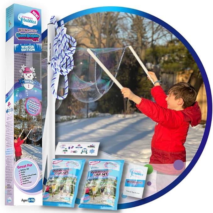 WOWMAZING Giant Bubble Kit Winter – Bubble Wand, 2 Big Bubbles Mix Pouches, 8 Cold-Activated Stickers for Outdoor Winter Fun |Bubbles Made in USA